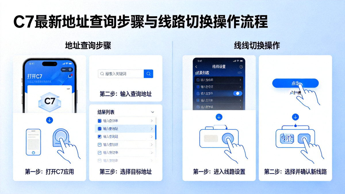 C7最新地址查询步骤与线路切换操作流程示意图